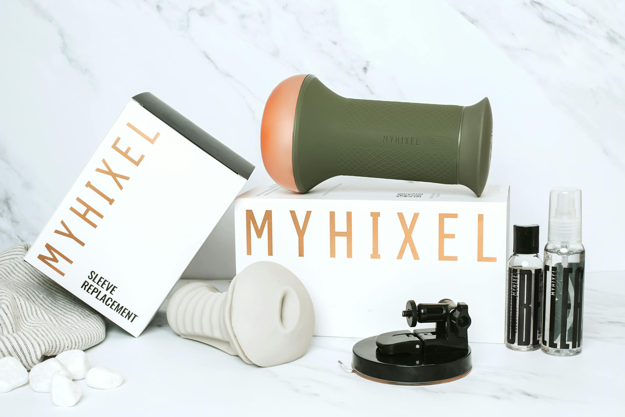 MYHIXEL product kit including sleeve replacement and accessories on a marble background.